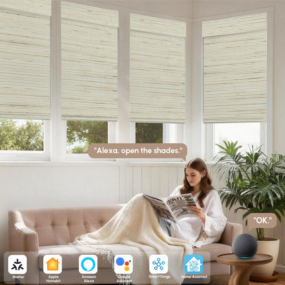 Kincmo Motorized Natural Woven Wood Shades 50%/70%/100% Blackout - Designer