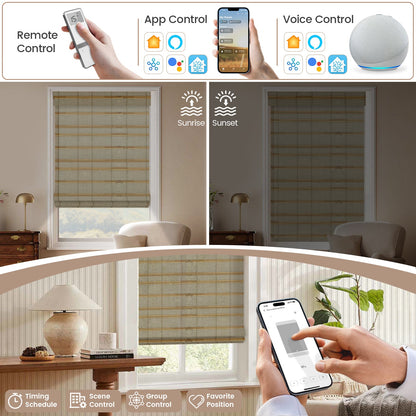 Kincmo Motorized Natural Woven Wood Shades 50%/70%/100% Blackout - Designer