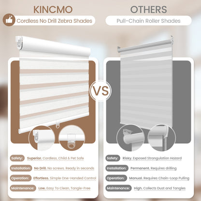 Kincmo No Drill Cordless Zebra Shades 60%/75% Blackout - Monet