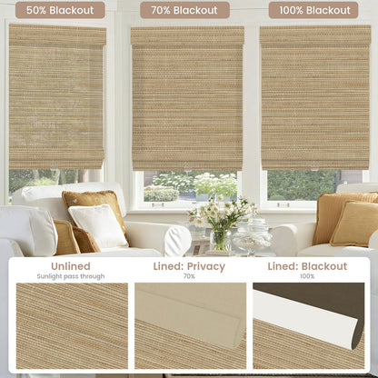 Kincmo Cordless Woven Wood Shades 50%/70%/100% Blackout - Natural Rustic