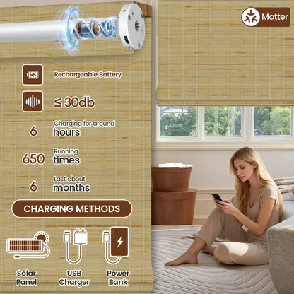 Kincmo Motorized Woven Wood Shades 50%/70%/100% Blackout - Organic Texture