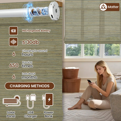 Kincmo Motorized Woven Wood Shades 50%/70%/100% Blackout - Natural Rustic