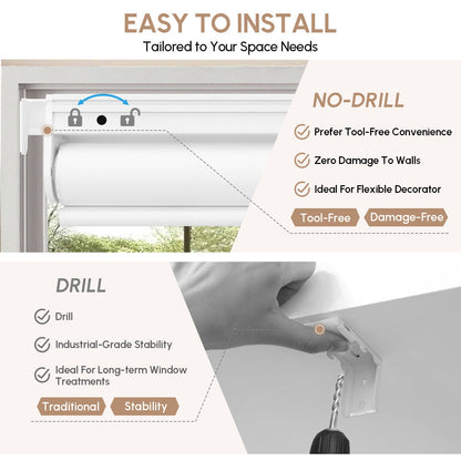Kincmo No Drill & Drill Roller Shades, Motorized 100% Blackout - All Colors