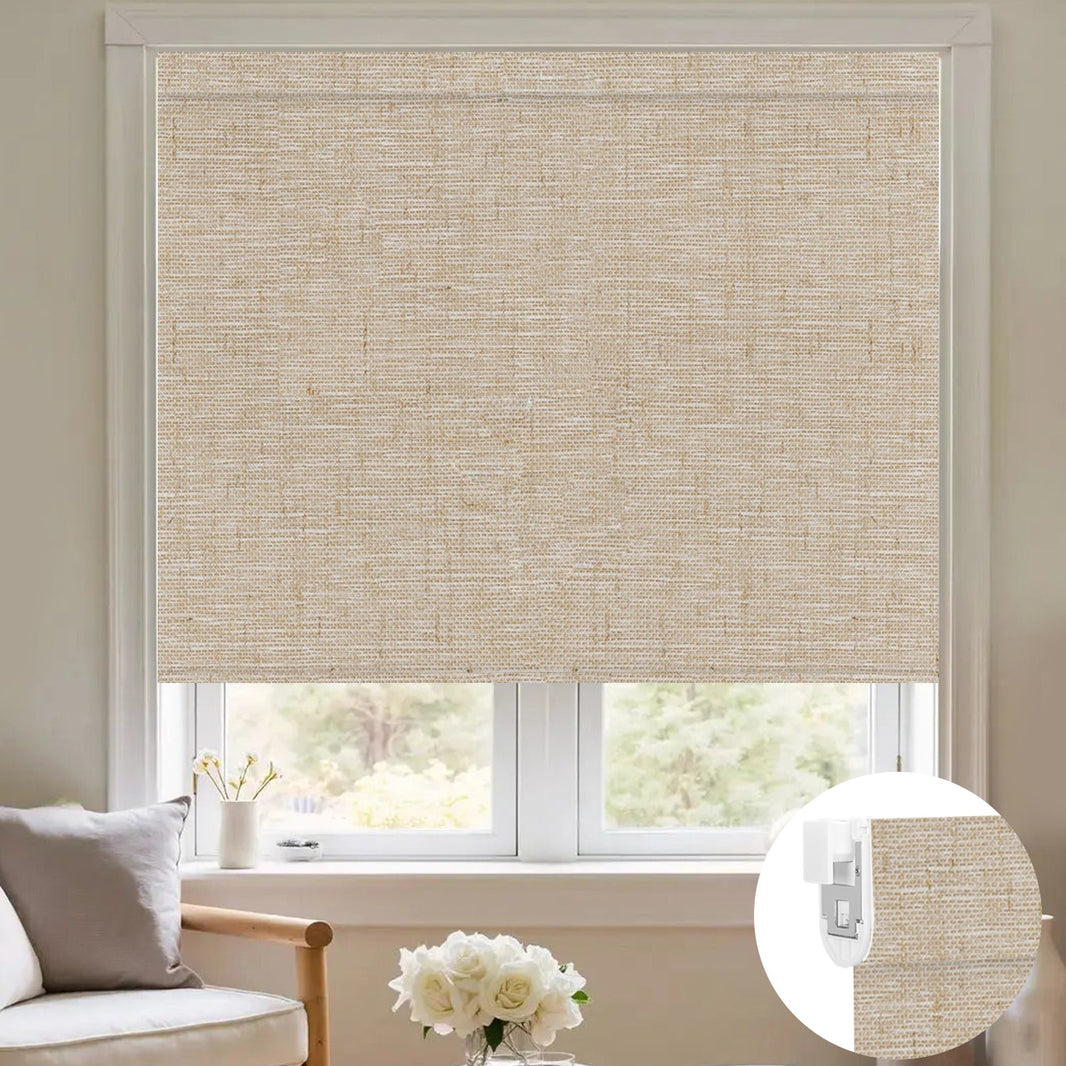 Kincmo No Drill Roller Shades, Motorized 100% Blackout - Linen