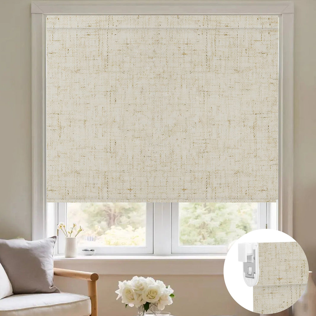 Kincmo No Drill Roller Shades, Motorized 100% Blackout - Linen