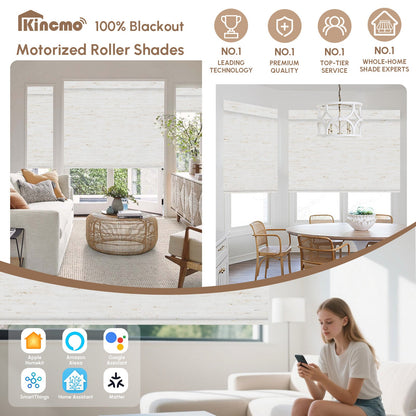 Kincmo No Drill Roller Shades, Motorized 100% Blackout - Linen
